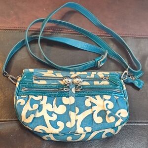 Brighton Teal and Cream Patterned Canvas Women's Crossbody